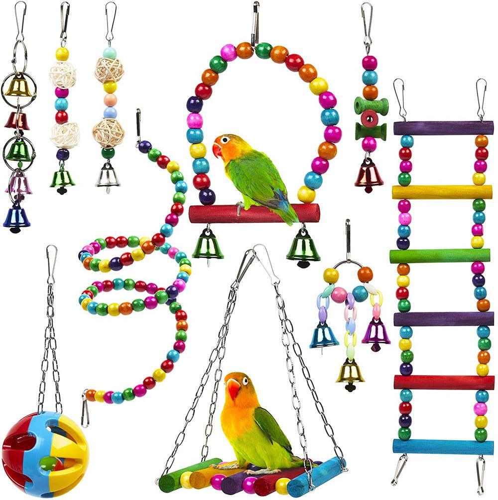 10-Piece Parrot Playtime Paradise: Wooden Bead Rotating Ladder, Swing Stand, And Chew Toy Set