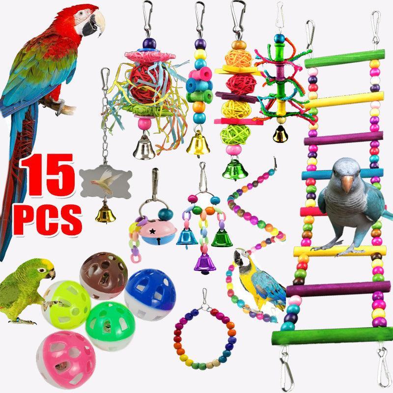10-Piece Parrot Playtime Paradise: Wooden Bead Rotating Ladder, Swing Stand, And Chew Toy Set