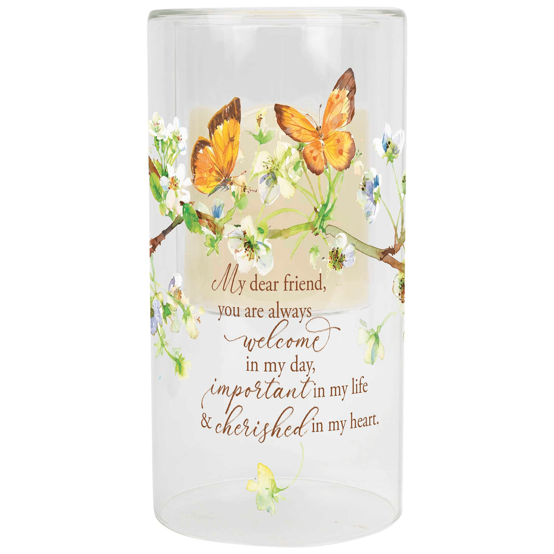 My Dear Friend Floral Butterfly Glass Candleholder With Led Candle 8 Inch