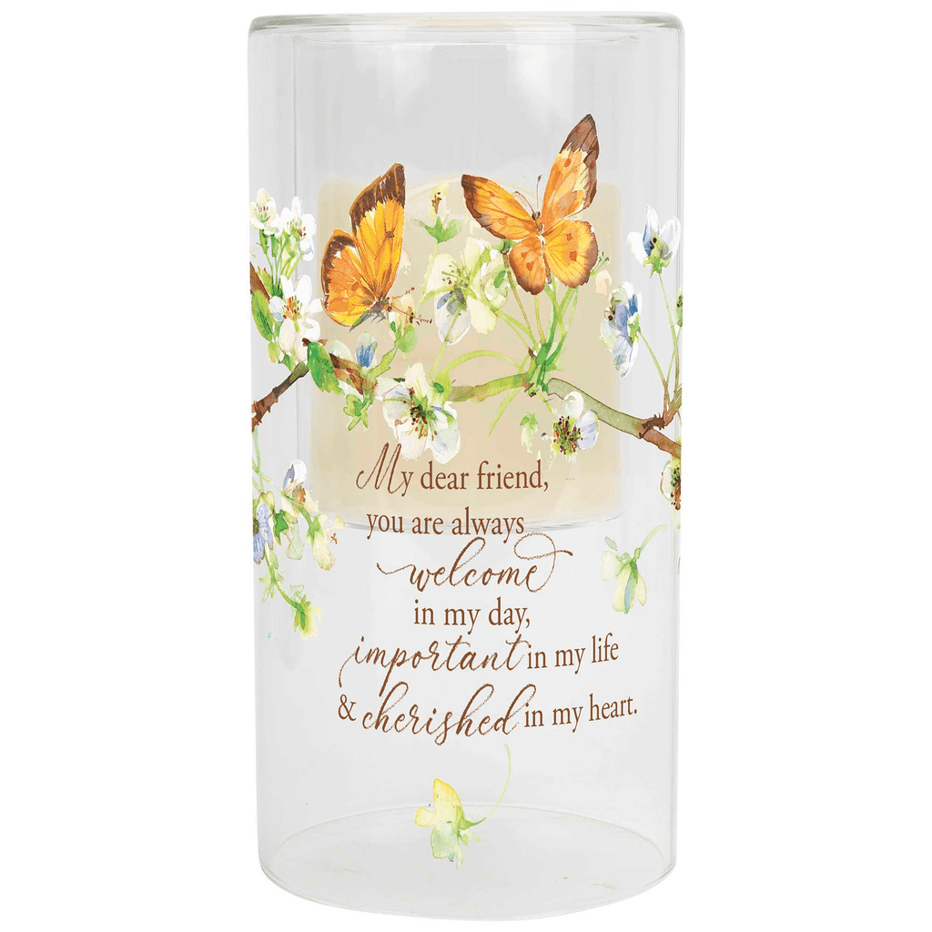 My Dear Friend Floral Butterfly Glass Candleholder With Led Candle 8 Inch
