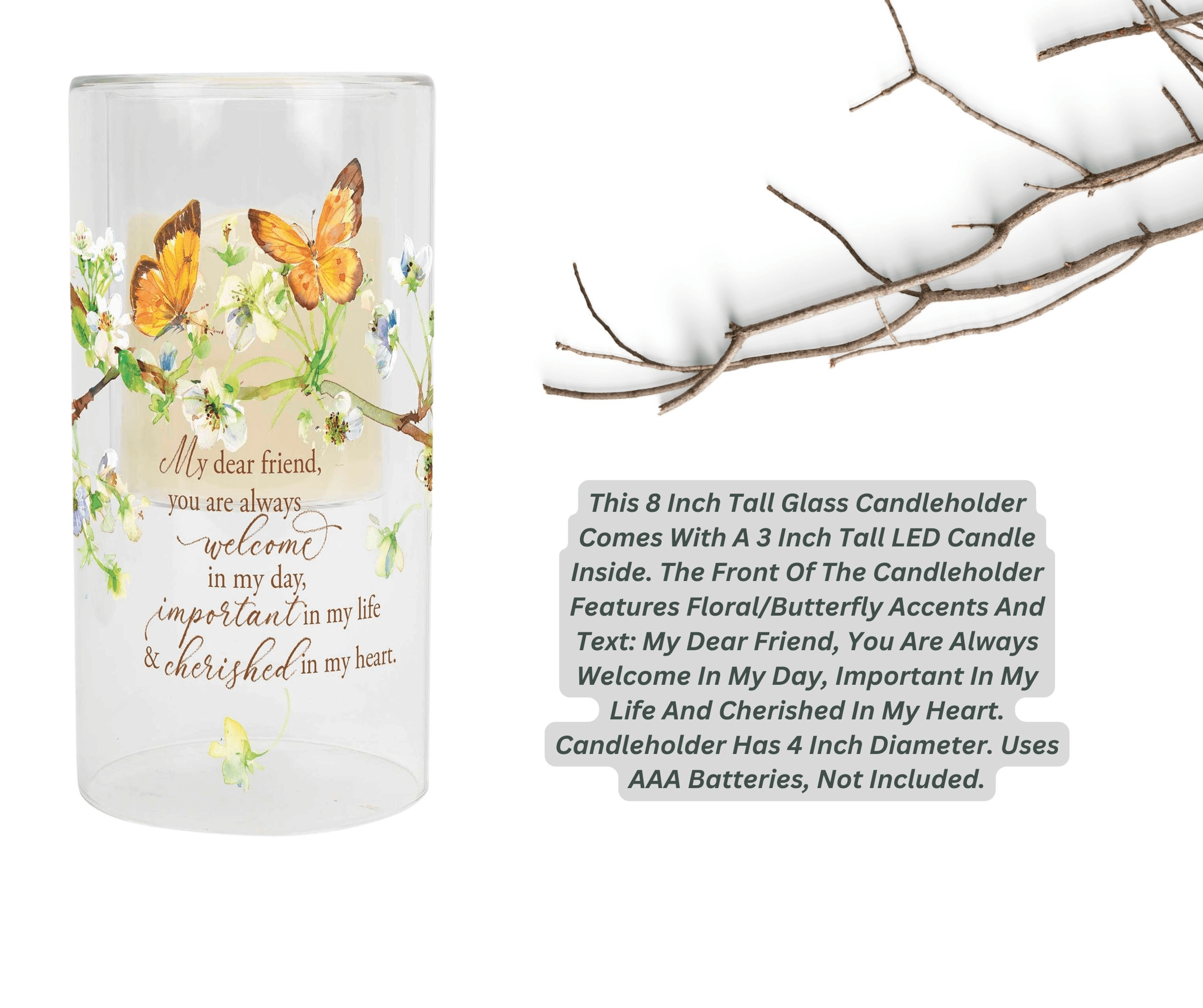 My Dear Friend Floral Butterfly Glass Candleholder With Led Candle 8 Inch