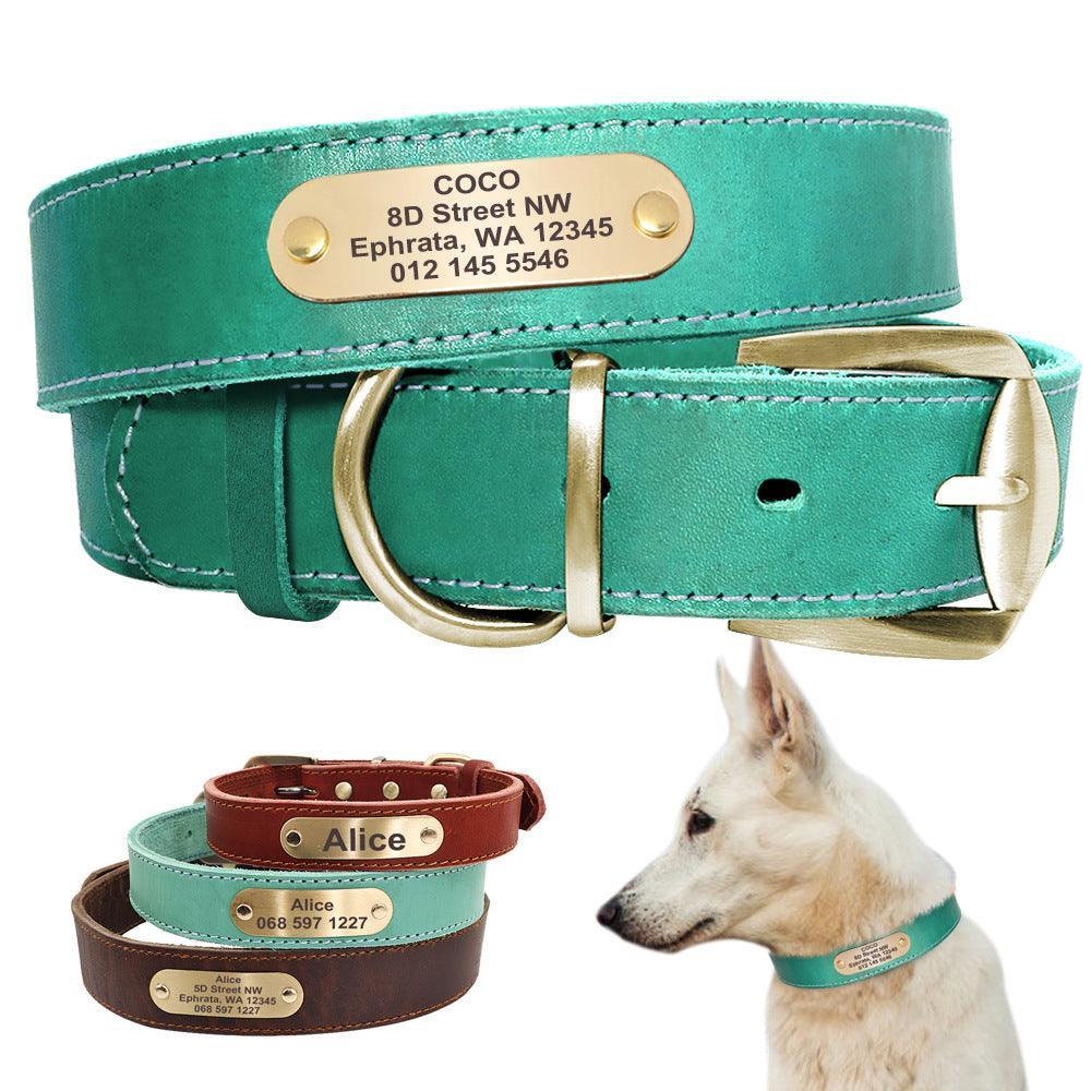 Custom Engraved Leather Dog Collar With Golden Nameplate - Personalized Identification For Medium To Large Dogs