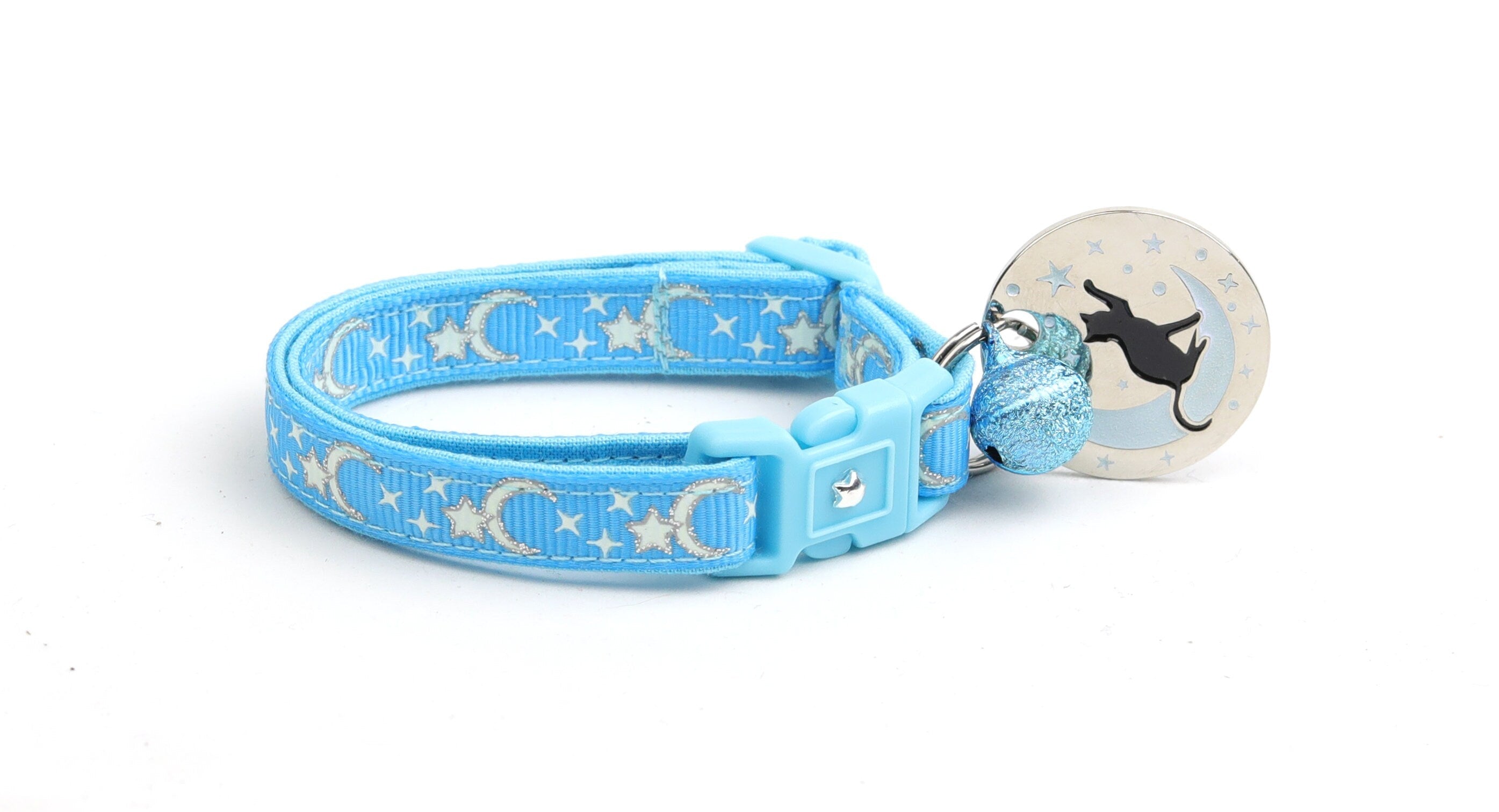 Silver Moons and Stars on Blue Cat Collar