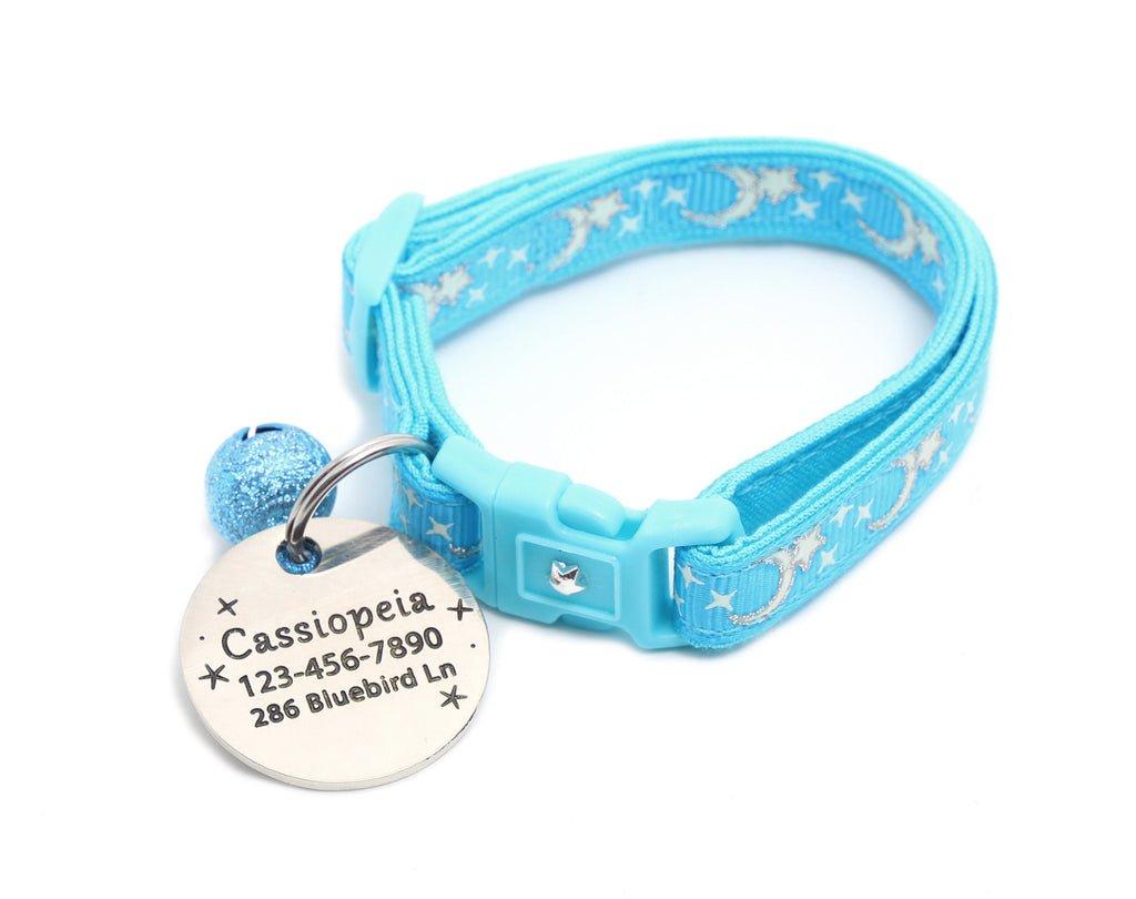 Silver Moons and Stars on Blue Cat Collar