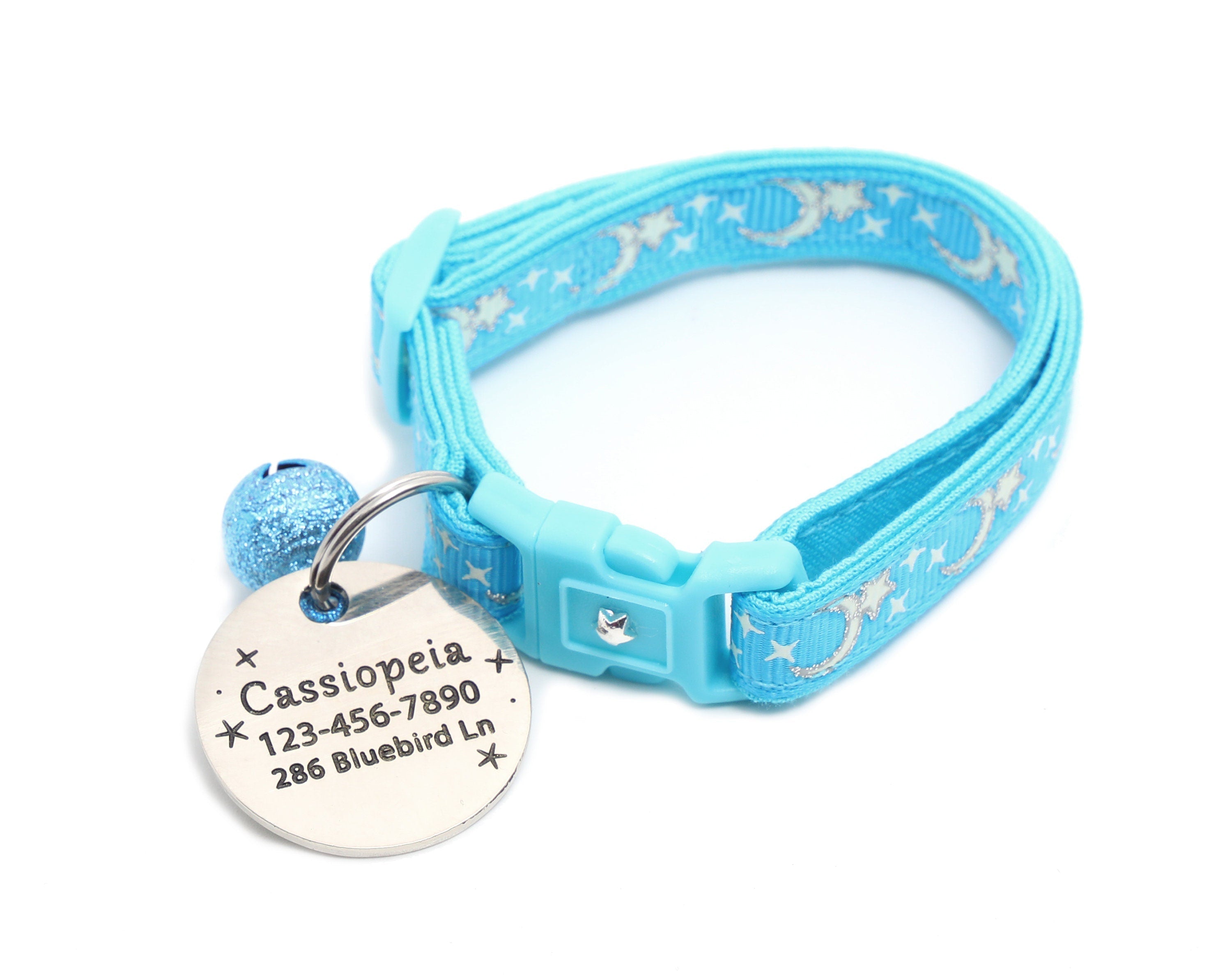 Silver Moons and Stars on Blue Cat Collar