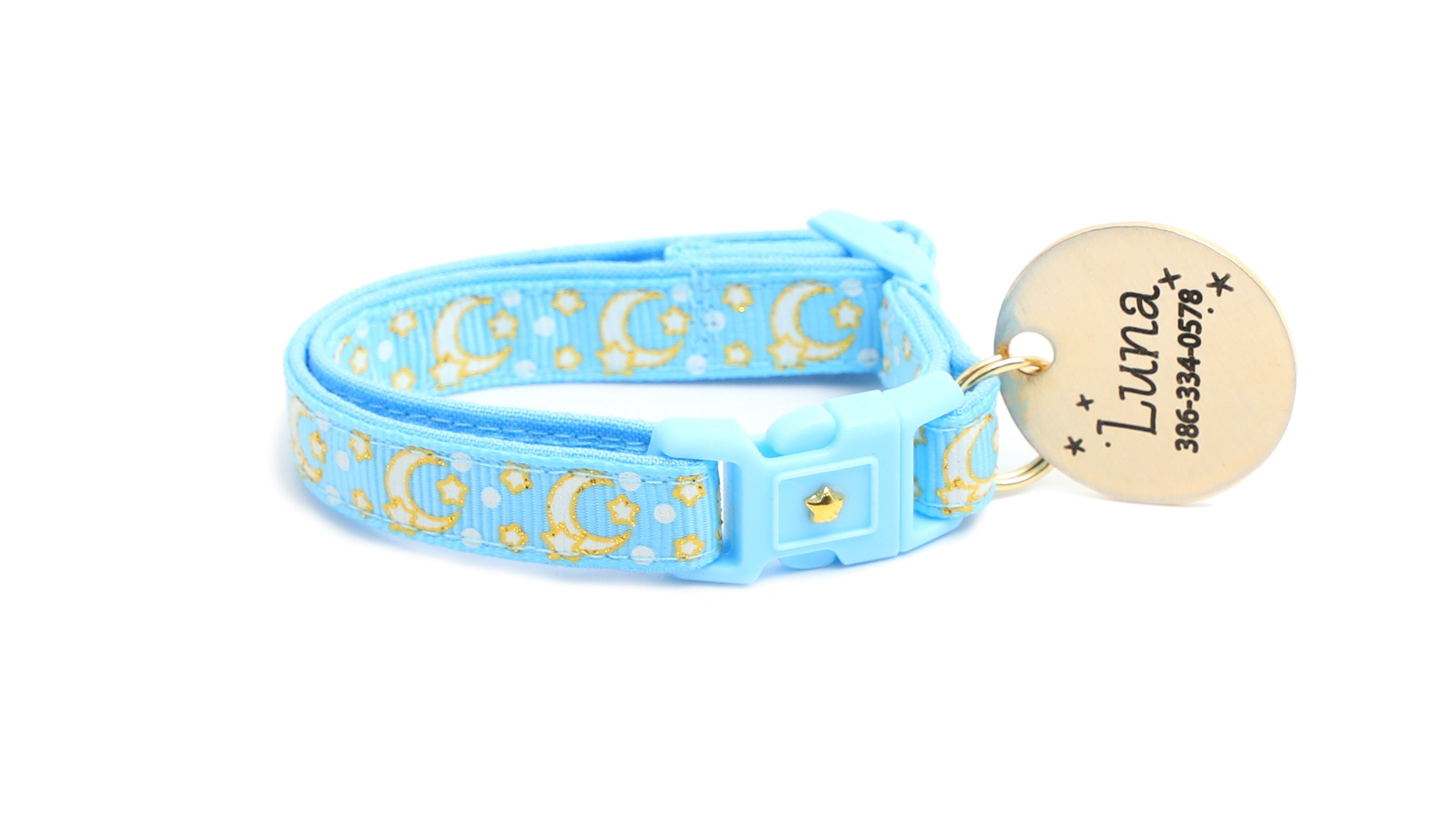 Gold Moons and Stars on Powder Blue Cat Collar