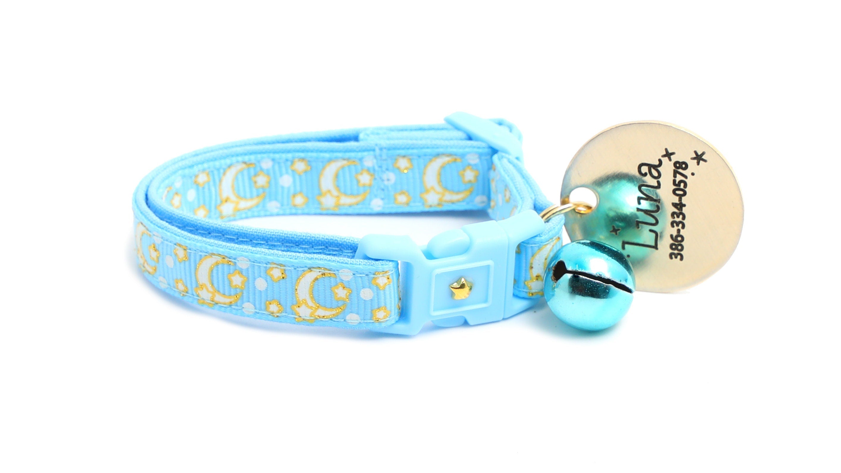 Gold Moons and Stars on Powder Blue Cat Collar