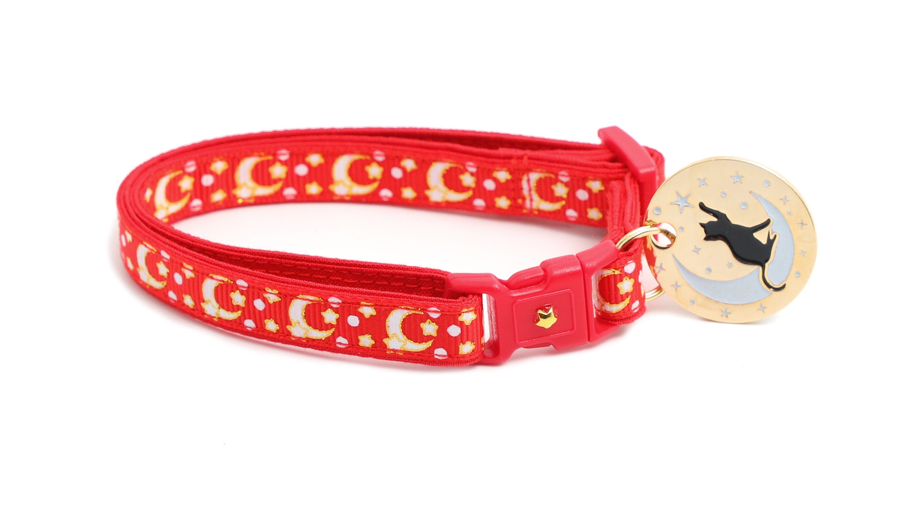 Gold Moons and Stars on Bright Red Cat Collar