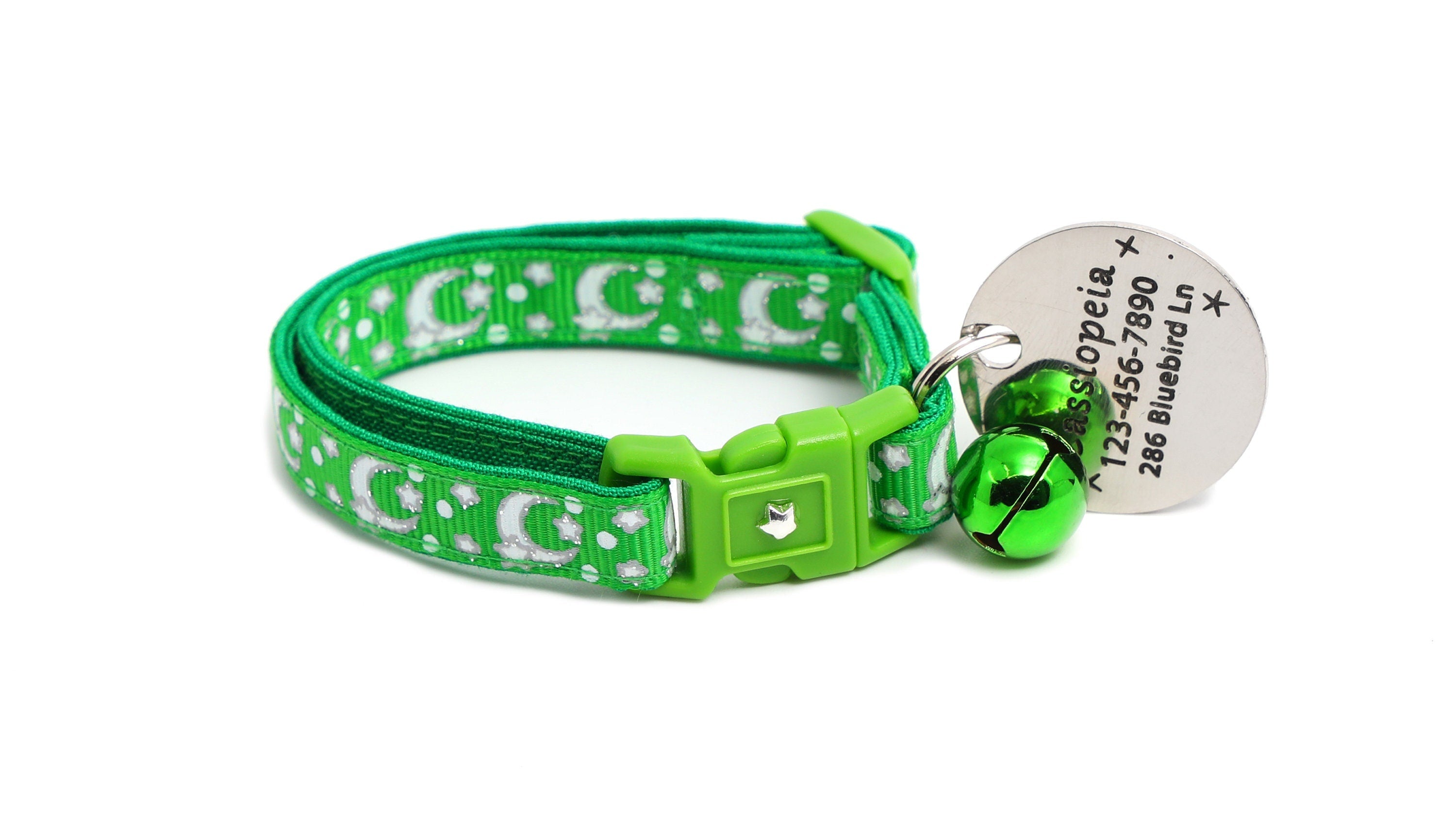 Silver Moons and Stars on Kelly Green Cat Collar