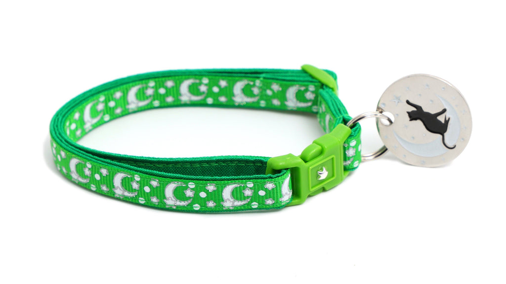 Silver Moons and Stars on Kelly Green Cat Collar
