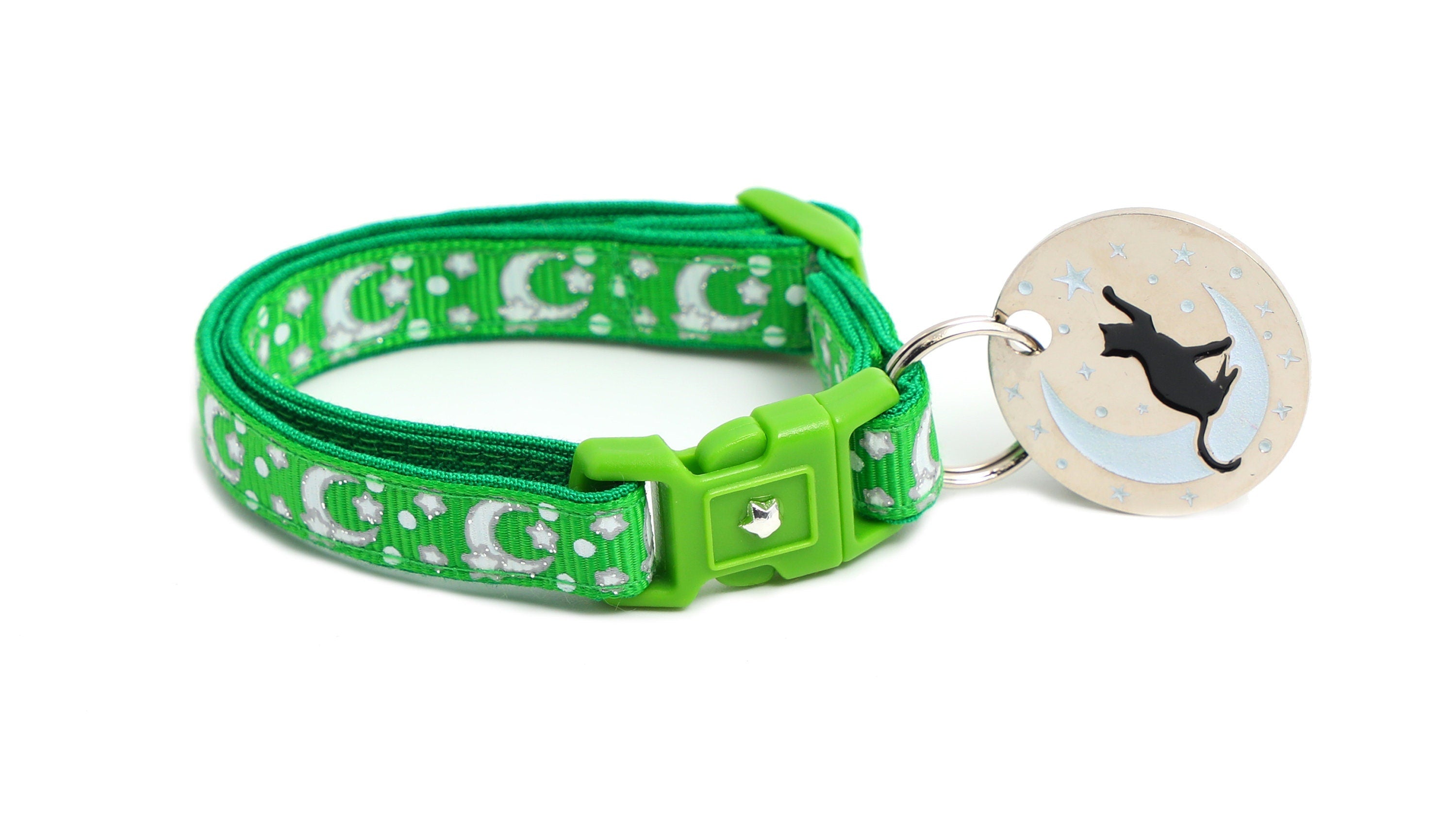 Silver Moons and Stars on Kelly Green Cat Collar