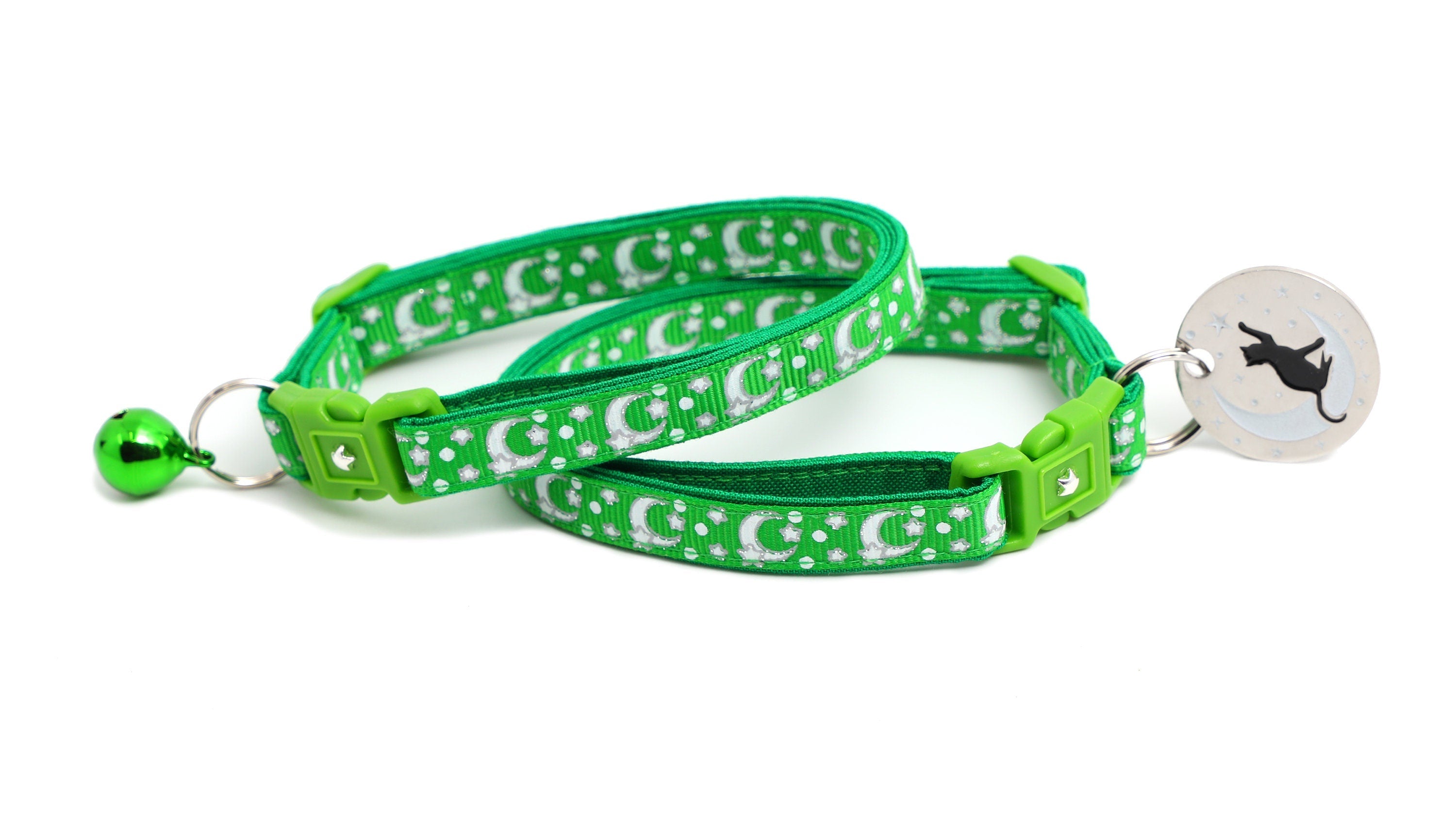 Silver Moons and Stars on Kelly Green Cat Collar