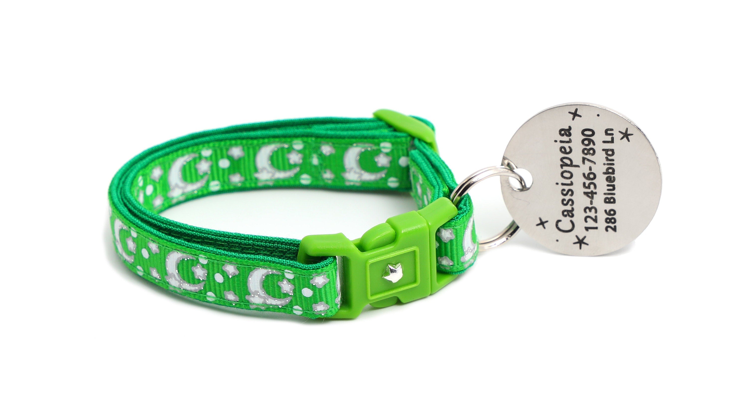 Silver Moons and Stars on Kelly Green Cat Collar